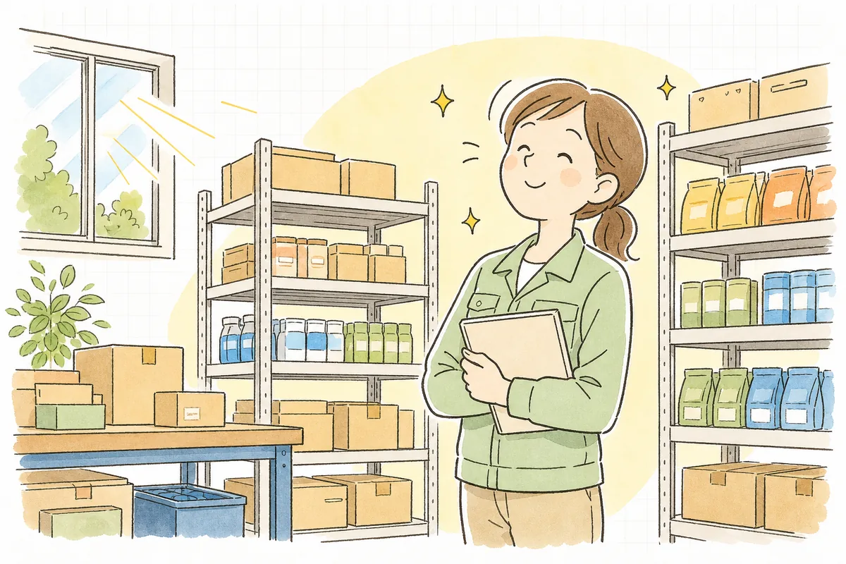 帳簿と実物の数がぴたりと合い、すっきりと整った棚を前に安心した表情で立つEC担当者の情景