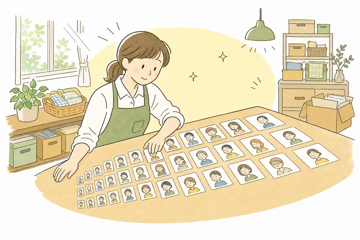 お店の担当者が、お客さんカードを机の上で縦と横の2つの方向に並べ、どのあたりの人を大切にするか落ち着いて考えている情景
