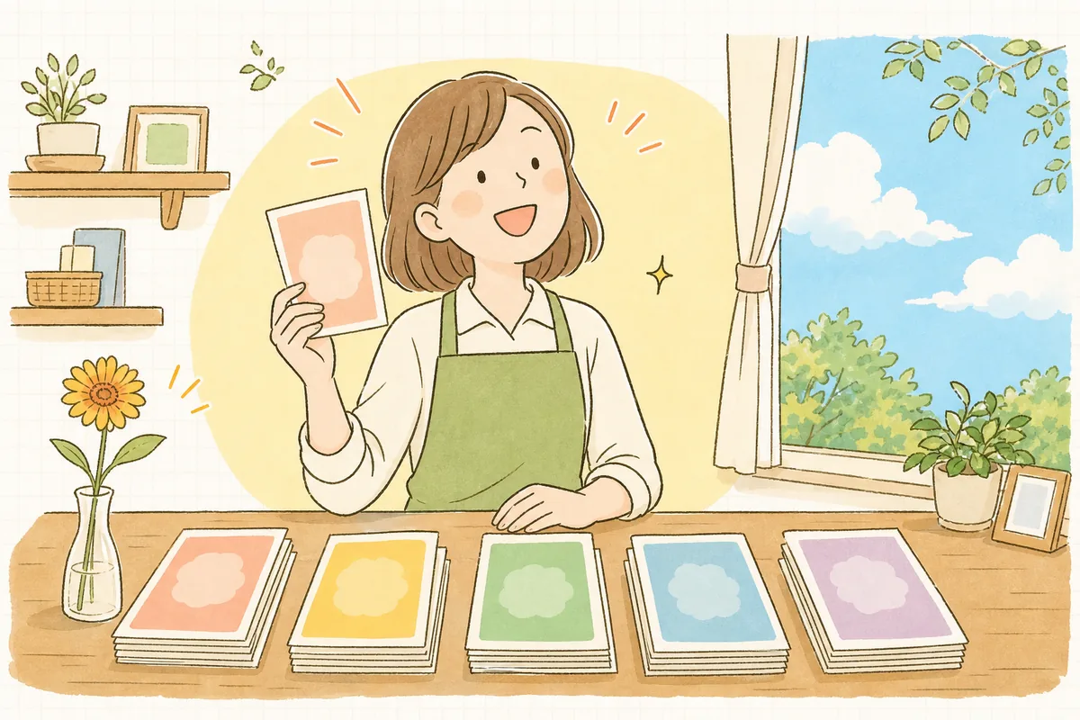 お店の担当者が、お客さんのタイプごとに用意したカードを手に、晴れやかな表情で前を向いている明るい情景