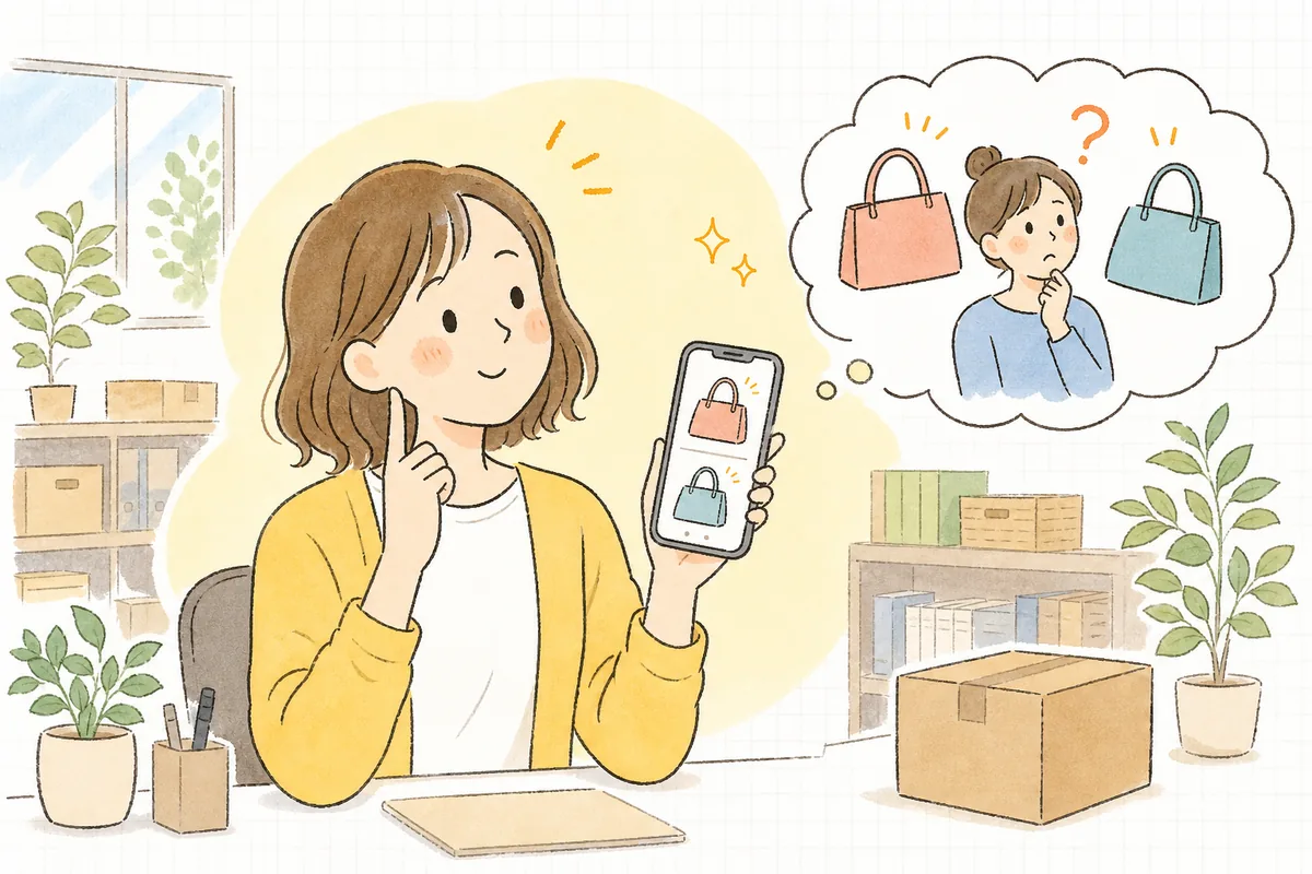 スマホの商品ページで「単品」か「定期」かの選択を前に少し迷っているお客さんと、その様子を思い浮かべるEC担当者の情景