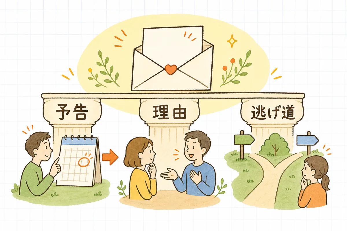 値上げを伝えるときの3つの柱（早めの事前告知・正直な理由・選べる逃げ道）を並べた図