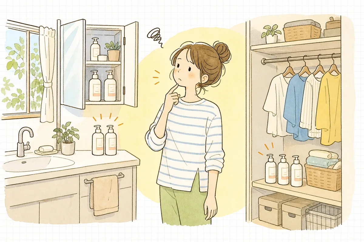 洗面台に定期便で届いた在庫が少し余っている様子を見て、解約か継続かで迷っているお客さんの情景