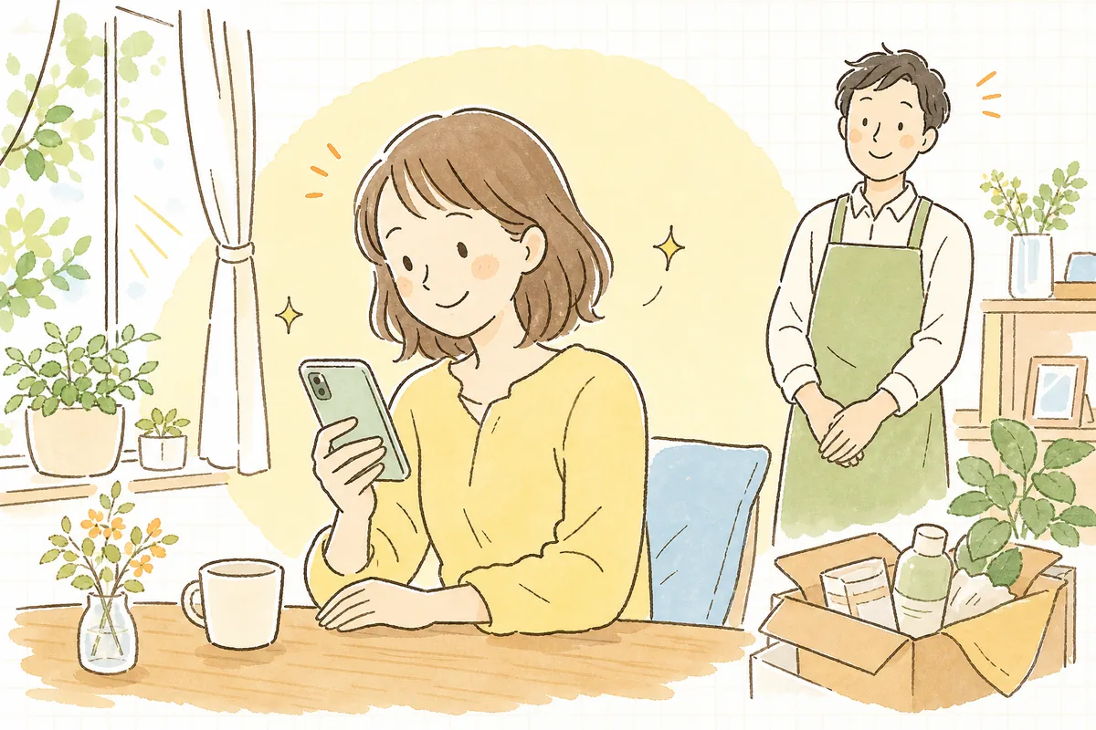 自分のペースで定期便を無理なく続けられるようになり、安心した表情のお客さんと見守るお店の担当者の明るい情景