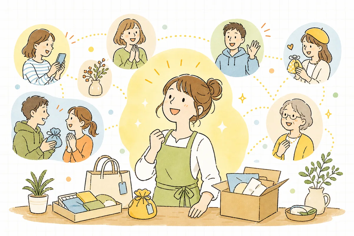 Threadsでの短い発信をきっかけに新しいお客さんとつながり、担当者が手ごたえを感じて明るく前を向いている情景