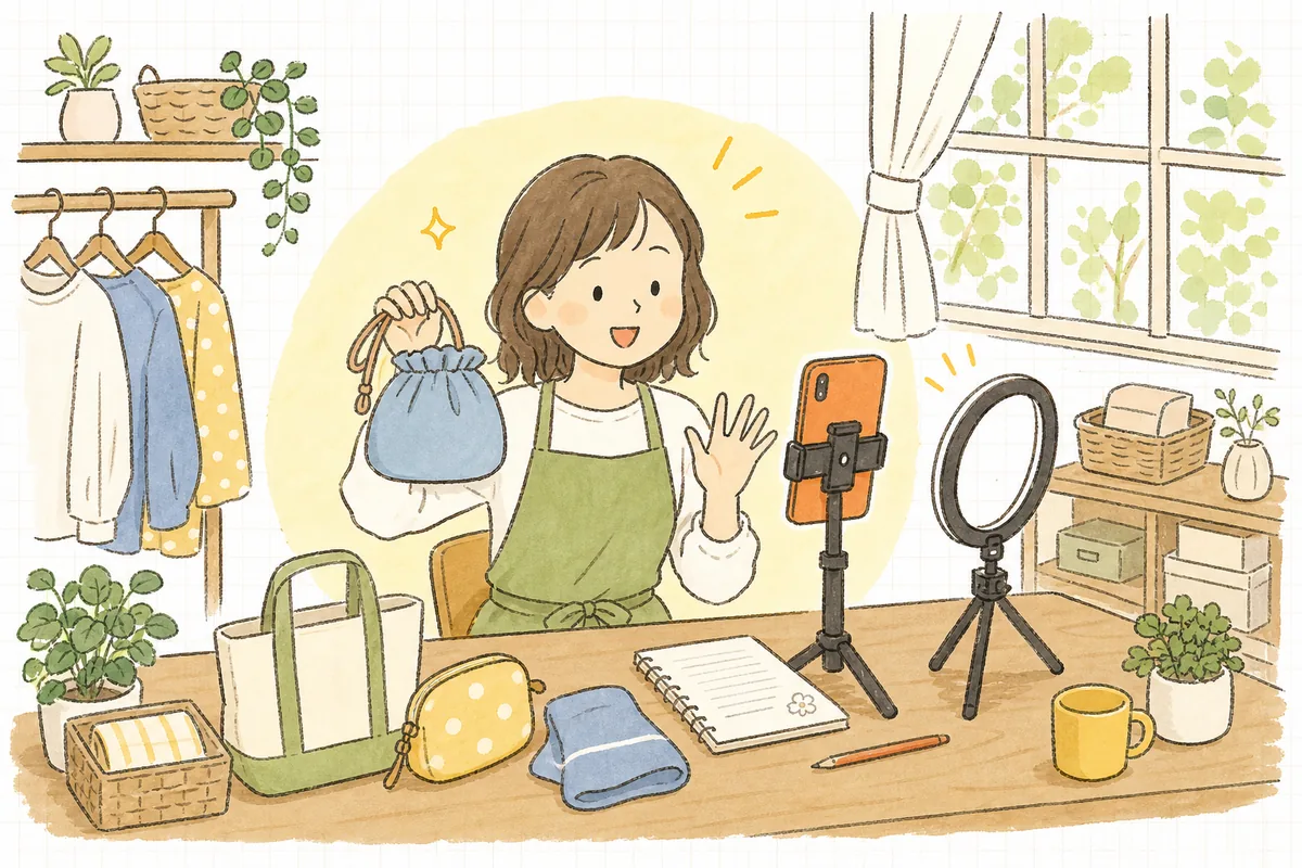 小さなネットショップの作業机で、スマホを縦向きに三脚へ立て、商品を手に取りながら初めてのTikTokライブ配信に挑もうとしているEC担当者