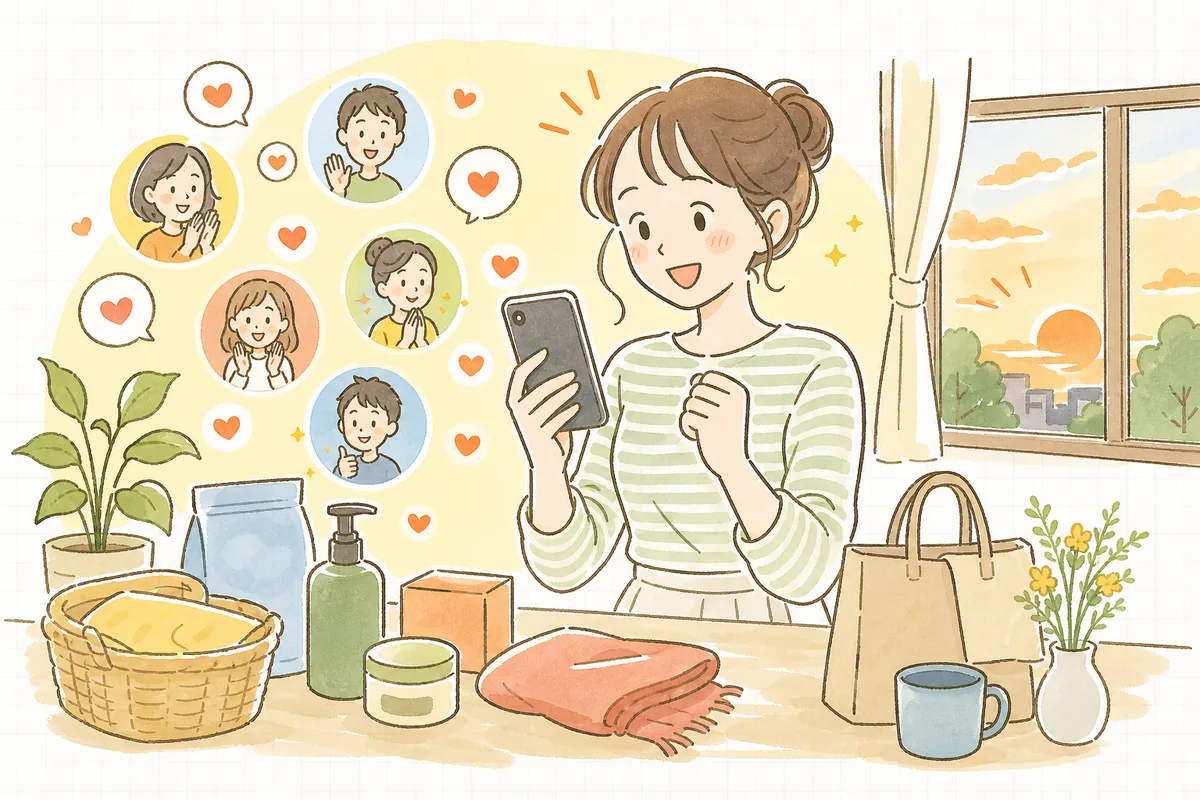初めてのTikTokライブ配信を終えたEC担当者が、視聴者からの温かいコメントとハートを見て、手応えと達成感に笑顔になっている明るい様子