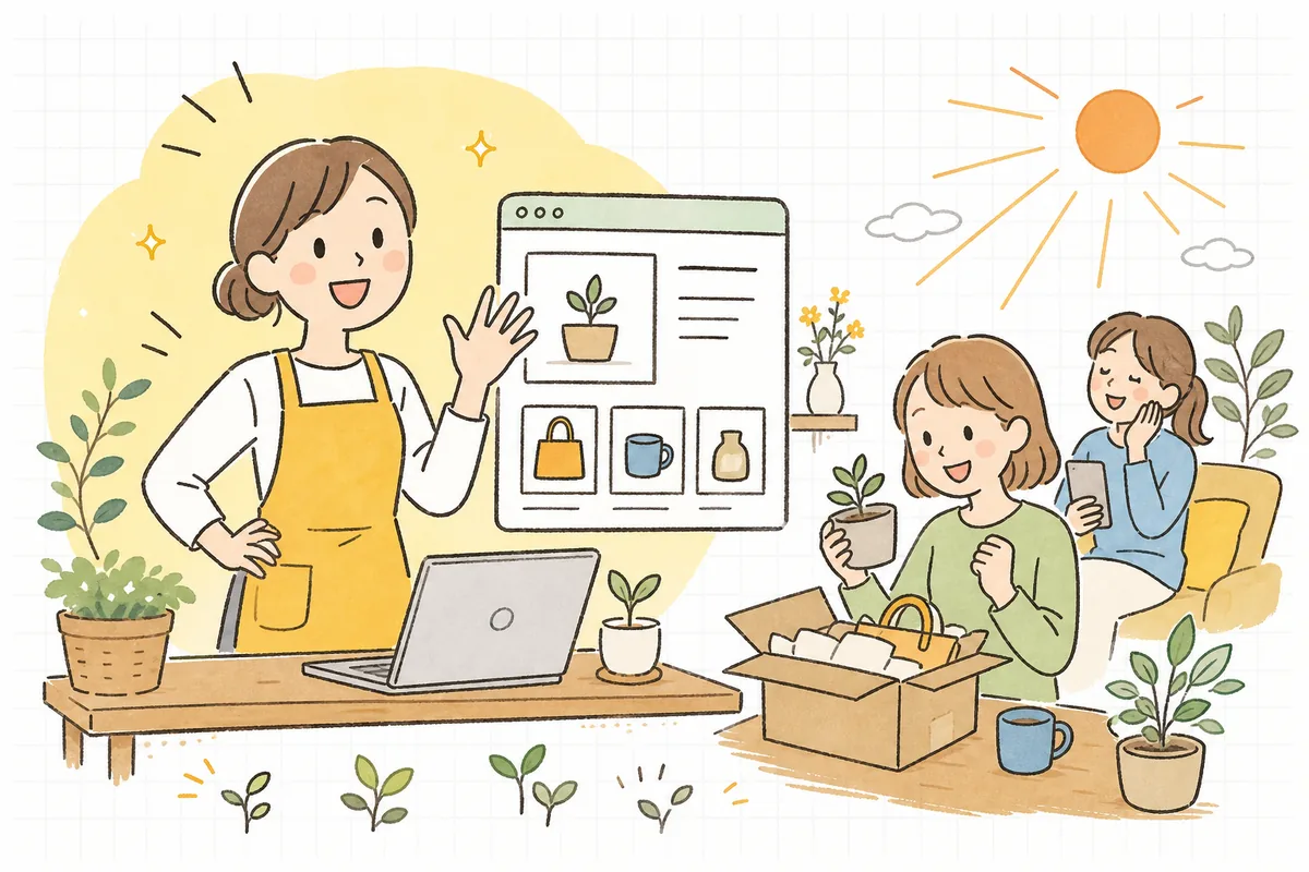 広告と商品ページの表示を整え終えたお店の人と、安心して買い物を楽しむお客さんが信頼し合っている明るい情景