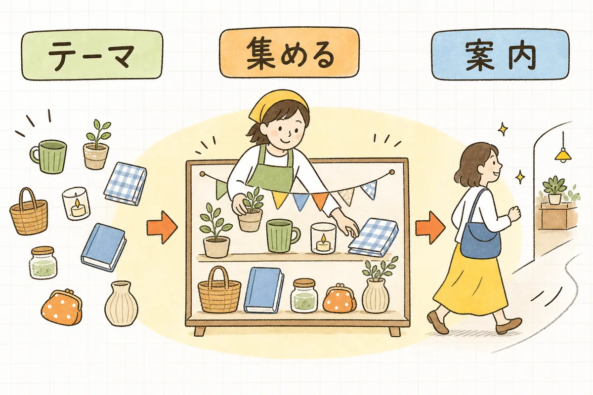 バラバラの商品をテーマでまとめ、特集ページを通して次の商品ページへ案内する3ステップの流れを示した概念図
