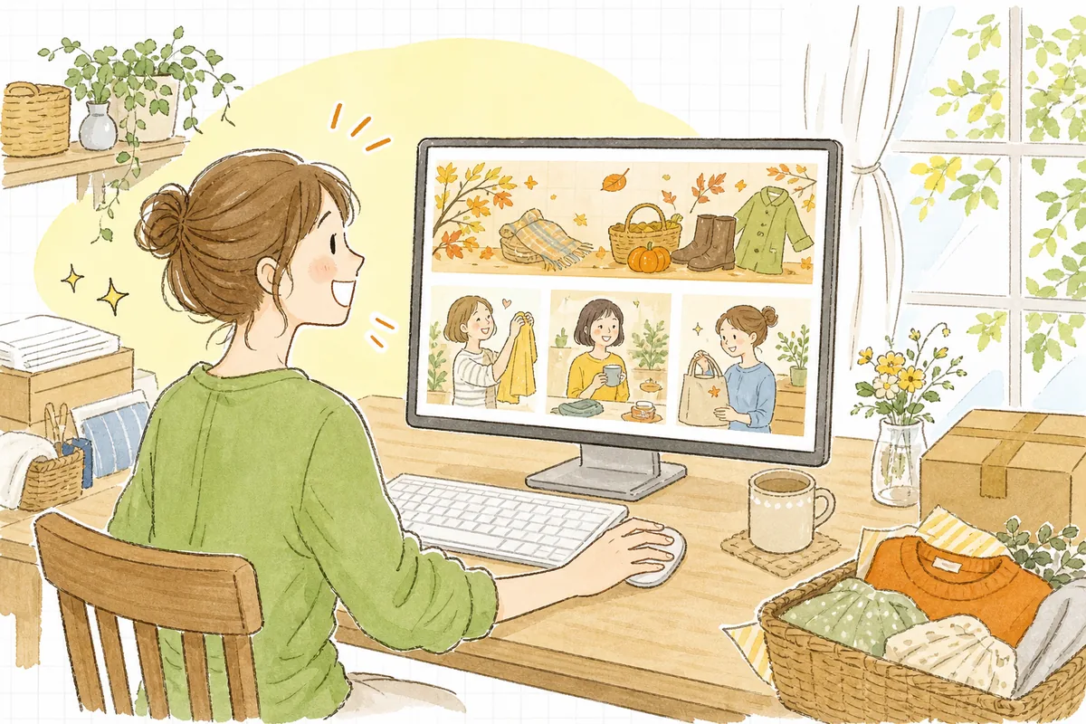 完成した季節の特集ページをお客さんが楽しそうに見て回っている様子を、うれしそうに見守るEC店主