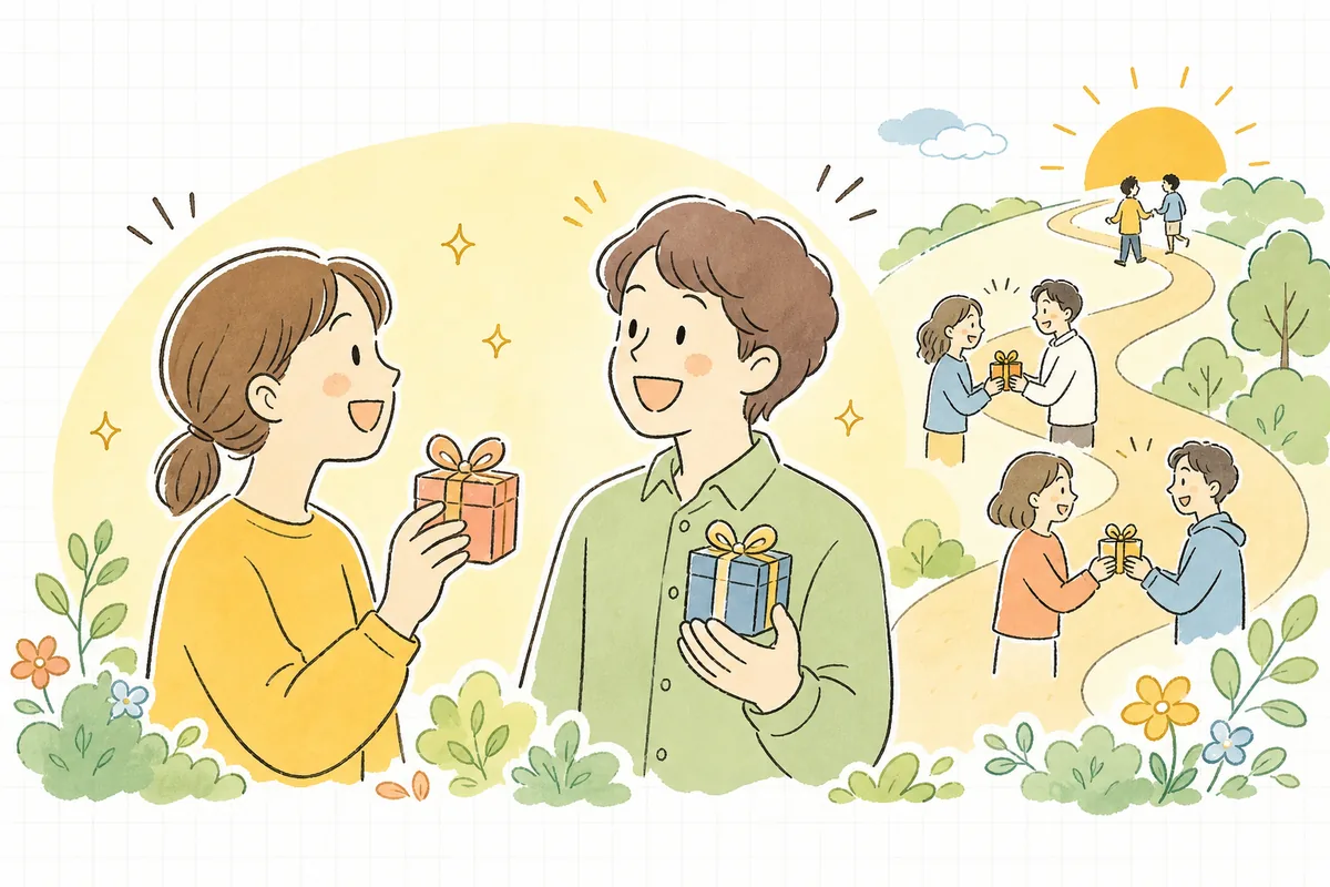 友達の紹介で新しく訪れたお客さんと、紹介してくれた既存客が、どちらも笑顔でつながっている明るい情景