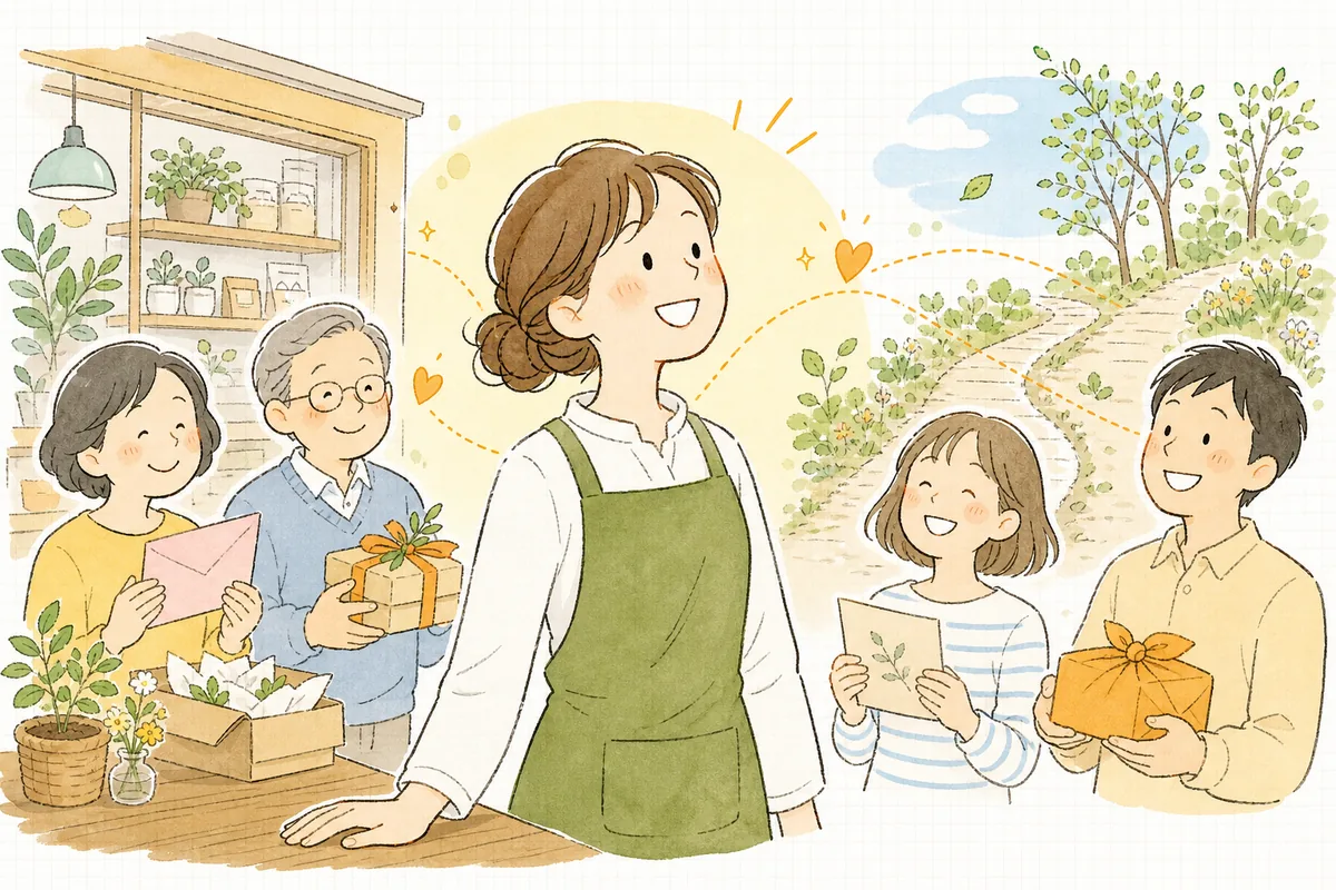 登録をきっかけにお店とお客さんの関係が長く続き、担当者もお客さんも穏やかな笑顔で前を向いている明るい情景