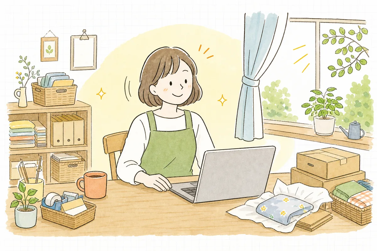 返品ルールを整え終え、お客さんへの返信を書きながら安心した表情を見せるネットショップ店主