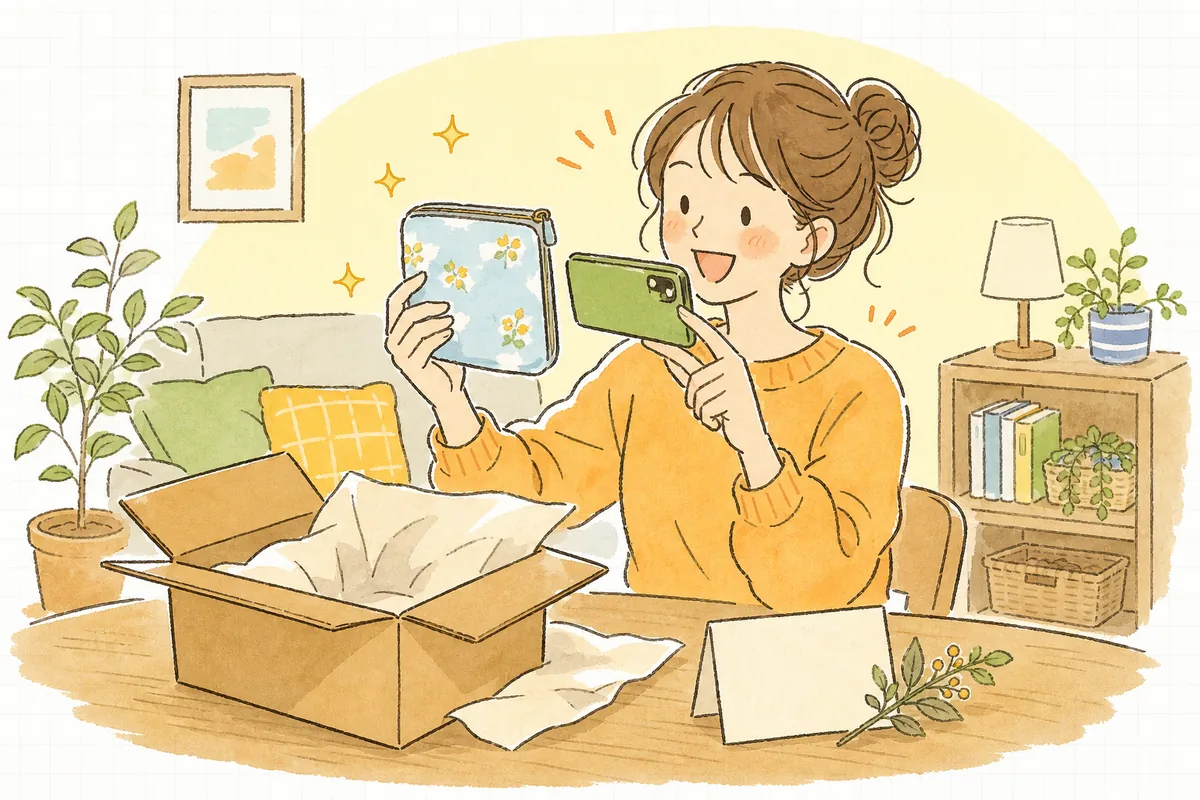 届いた商品を手に、スマホで写真を撮って口コミを投稿しようとしている笑顔のお客様と、それを見て喜ぶEC担当者