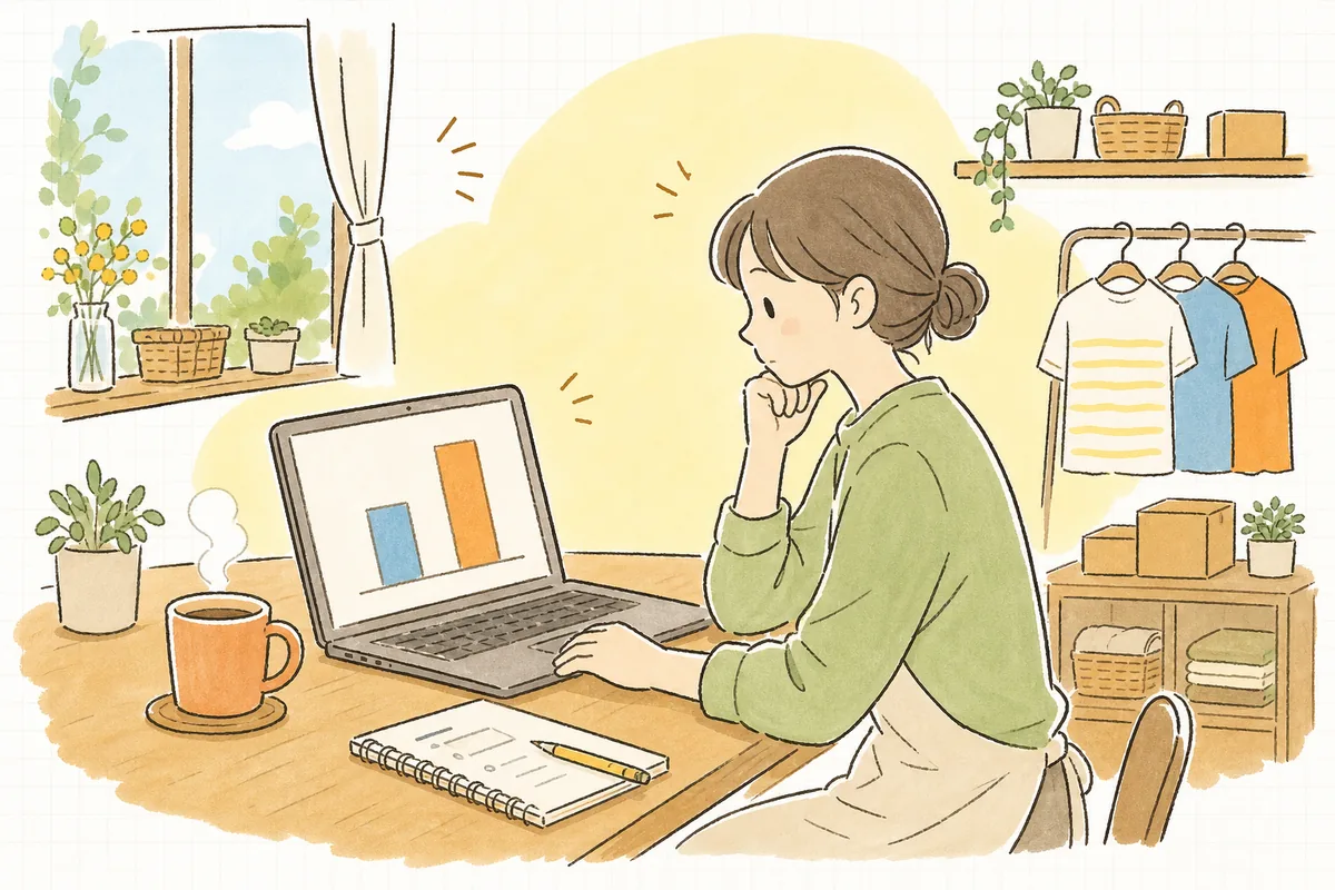 前月と今月の売上グラフを見比べながら「何がこの差を生んだのだろう」と考え込むEC担当者の情景