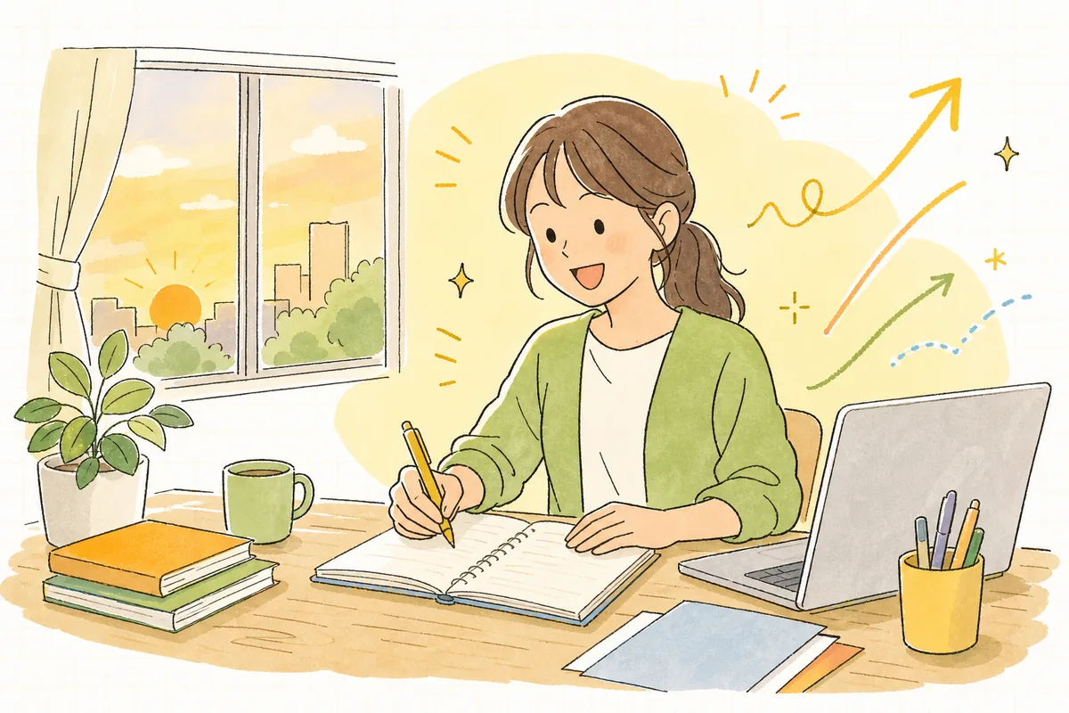 売上変化の原因を金額でつかみ、「ここに手を打とう」と納得して前向きに次の計画を立てるEC担当者の情景