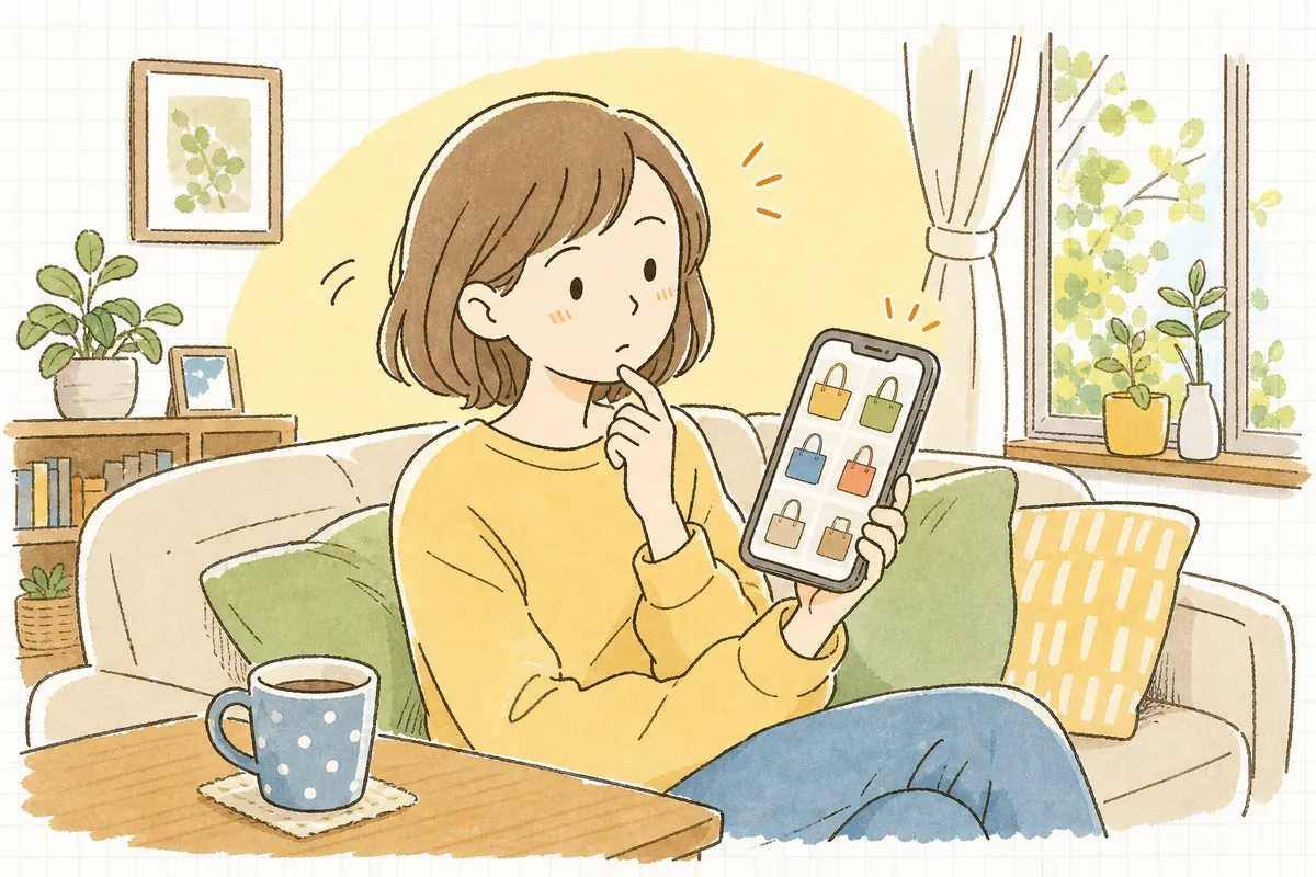 スマホで服の色違いやサイズを見比べながら、どれを選ぼうか少し迷っている買い物中の人