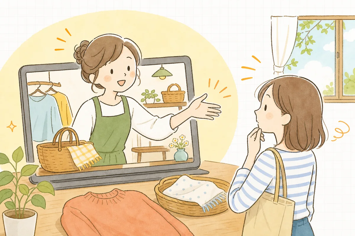 ネットショップの画面の前で迷って帰りかけているお客さんに、店員が横からそっと一声かけて引き止めようとしている情景