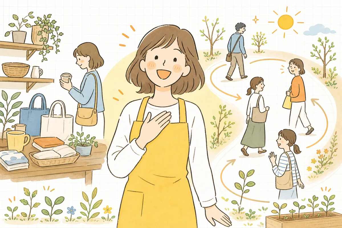 声をかけたことでお客さんが店内を見て回り、また戻ってきてくれるようになって、安心して笑顔で前を向くEC担当者の明るい情景