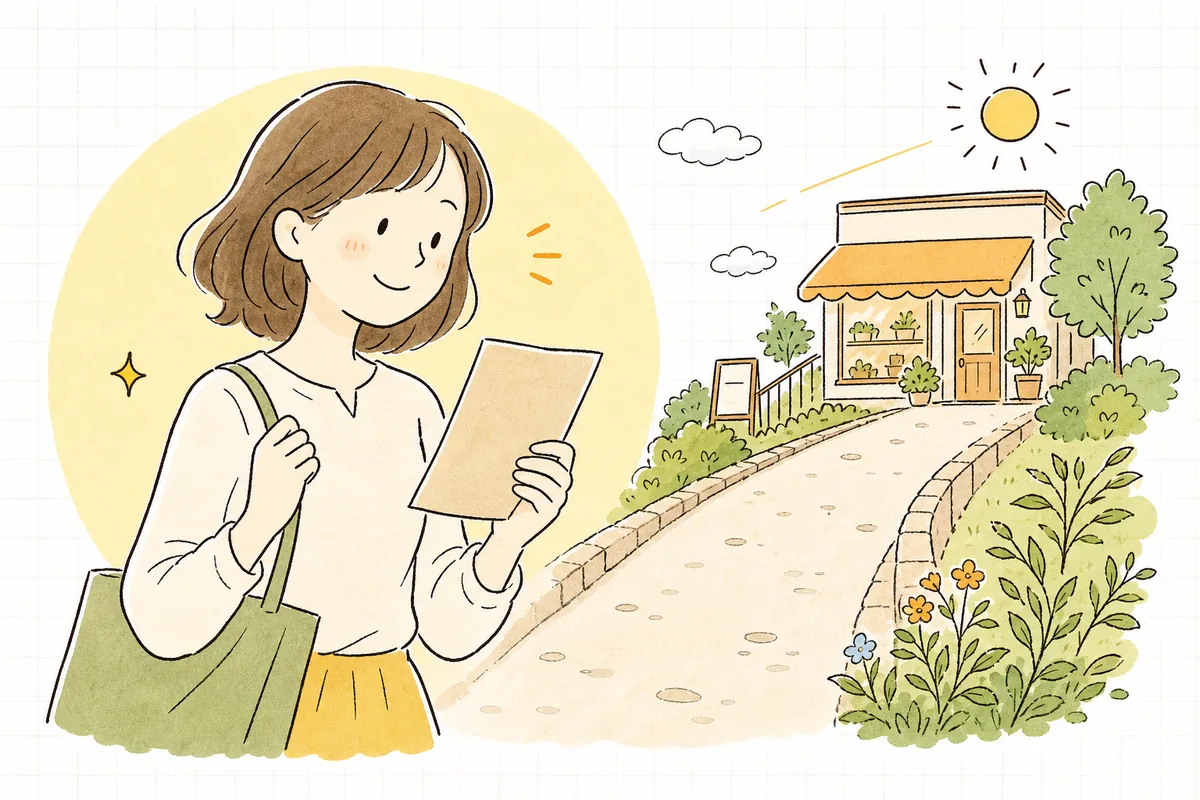 久しぶりに届いたお店からの便りを受け取り、うれしそうにもう一度お店を訪れようと微笑むお客さんの明るい情景