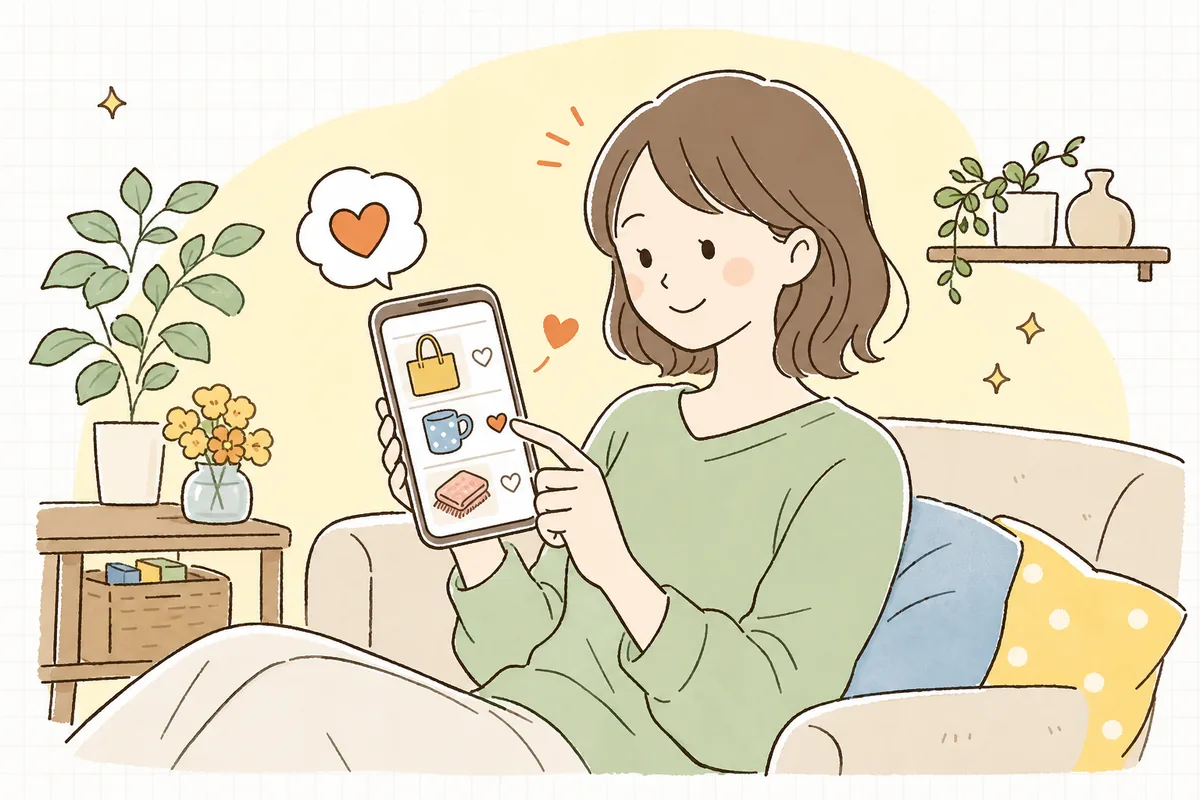 スマートフォンでネットショップを見ているお客さんが、気になる商品にハートの「お気に入り」マークを押して、「また後で見よう」と穏やかにほほえんでいる情景