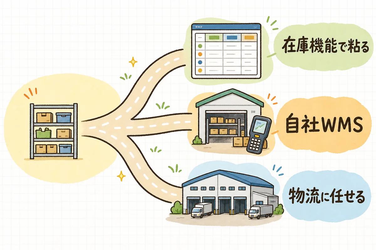 手作業からの卒業として、受注管理の在庫機能・自社WMS導入・3PLのWMSに乗るの3つの道を、出荷規模に応じて選び分ける概念図