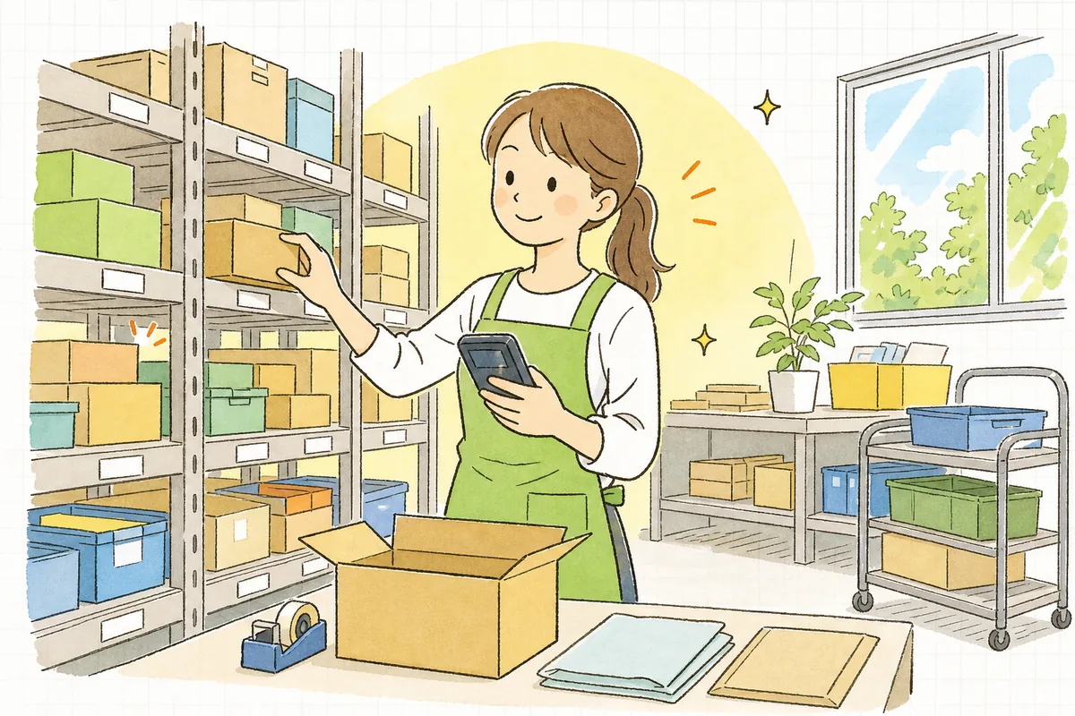 バーコード端末を手に、整然と住所の付いた棚から迷いなく商品を取り、晴れやかな表情で出荷を進めるEC倉庫の担当者の情景