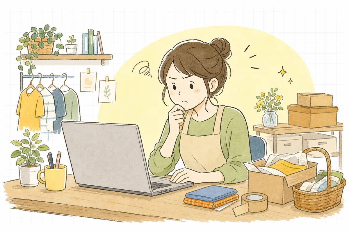 Yahoo!ショッピングの広告レポートを見ながら、どの広告にいくら使ったか分からず考え込むEC担当者
