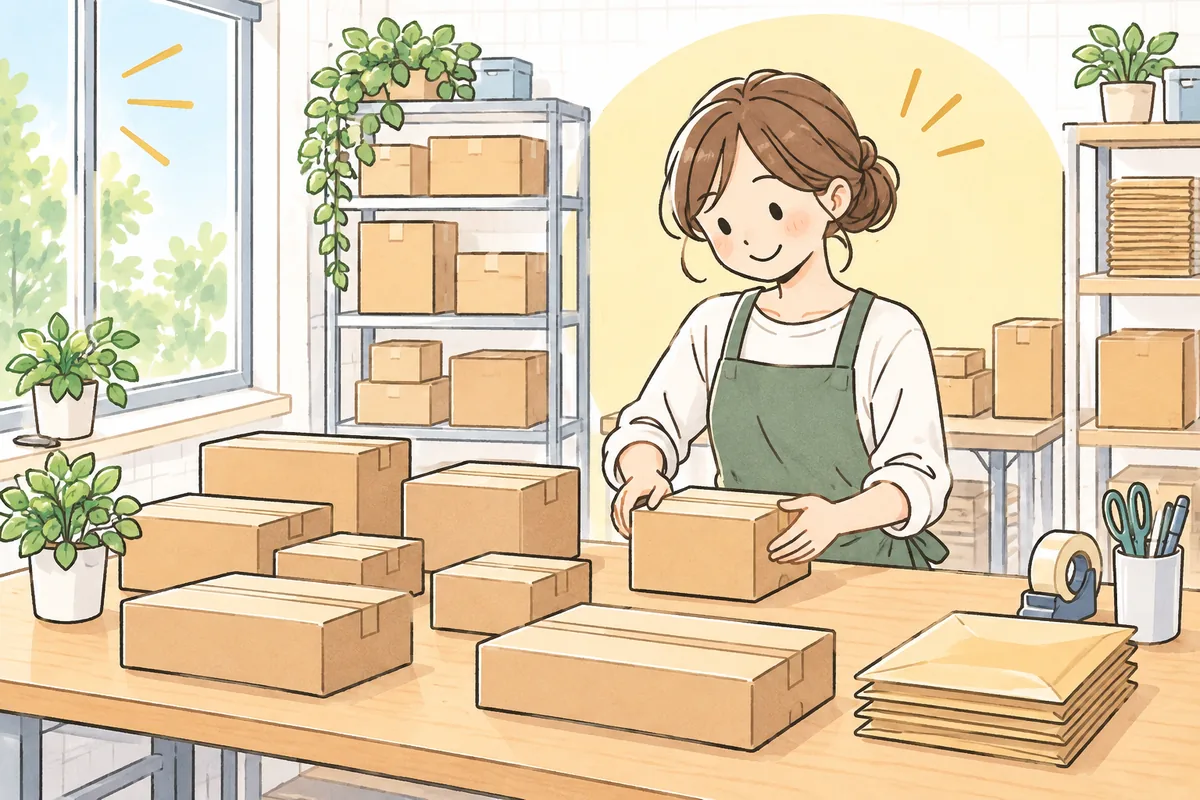 中身にぴったり合った小さめの箱で気持ちよく梱包を終え、安心した笑顔で発送準備をするEC担当者の情景