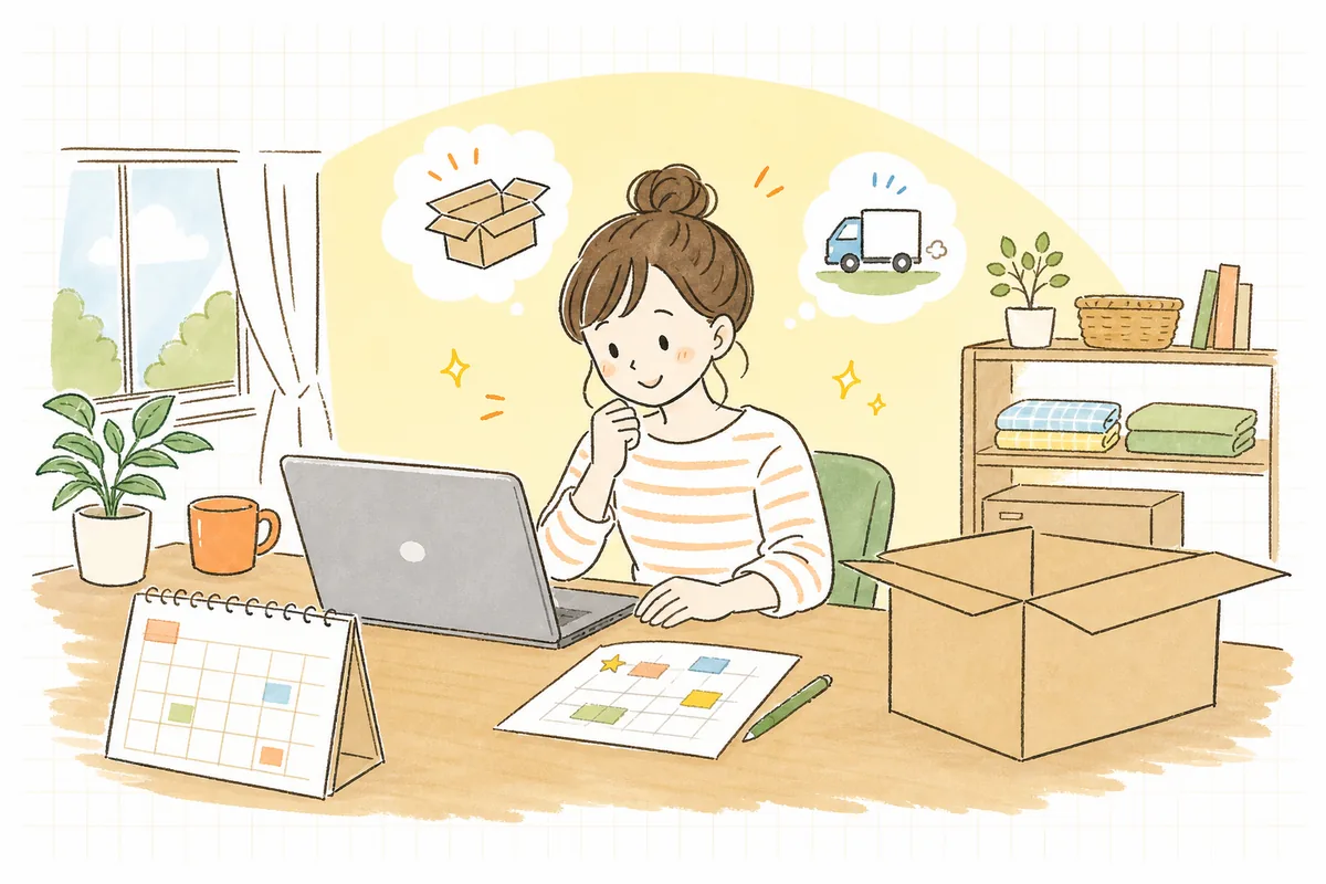 まだ手元に在庫がない商品を前に、予約注文を受けはじめた小さなお店の担当者が、うれしさと「ちゃんと期日までに届けられるかな」という不安の入り混じった表情でパソコンに向かっている情景