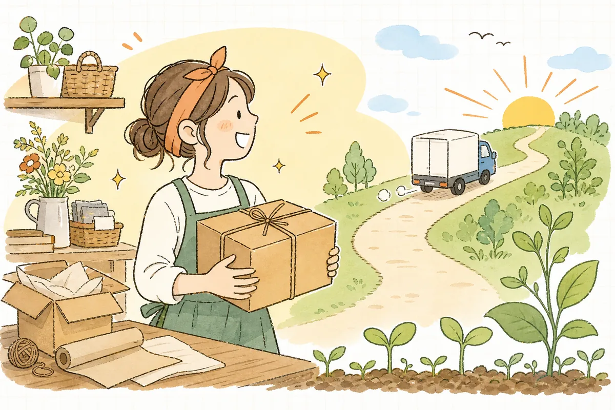 予約販売の準備を整え終えた担当者が、お客さんに約束した日どおりに商品を送り出し、すっきりと前を向いている明るい情景