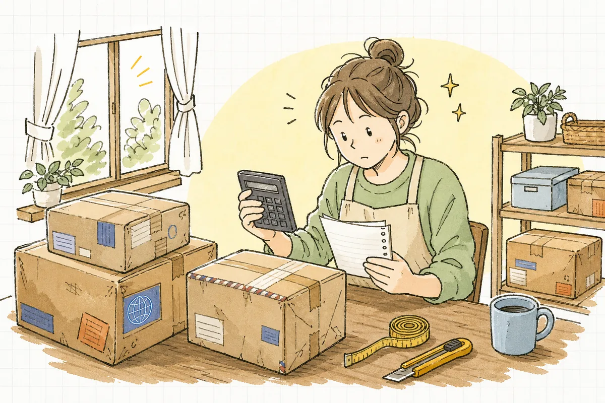 海外から届いた段ボール箱を前に、電卓とメモを手に「これ、いくらで売れば利益が出るんだろう」と考え込むネットショップ店主の情景