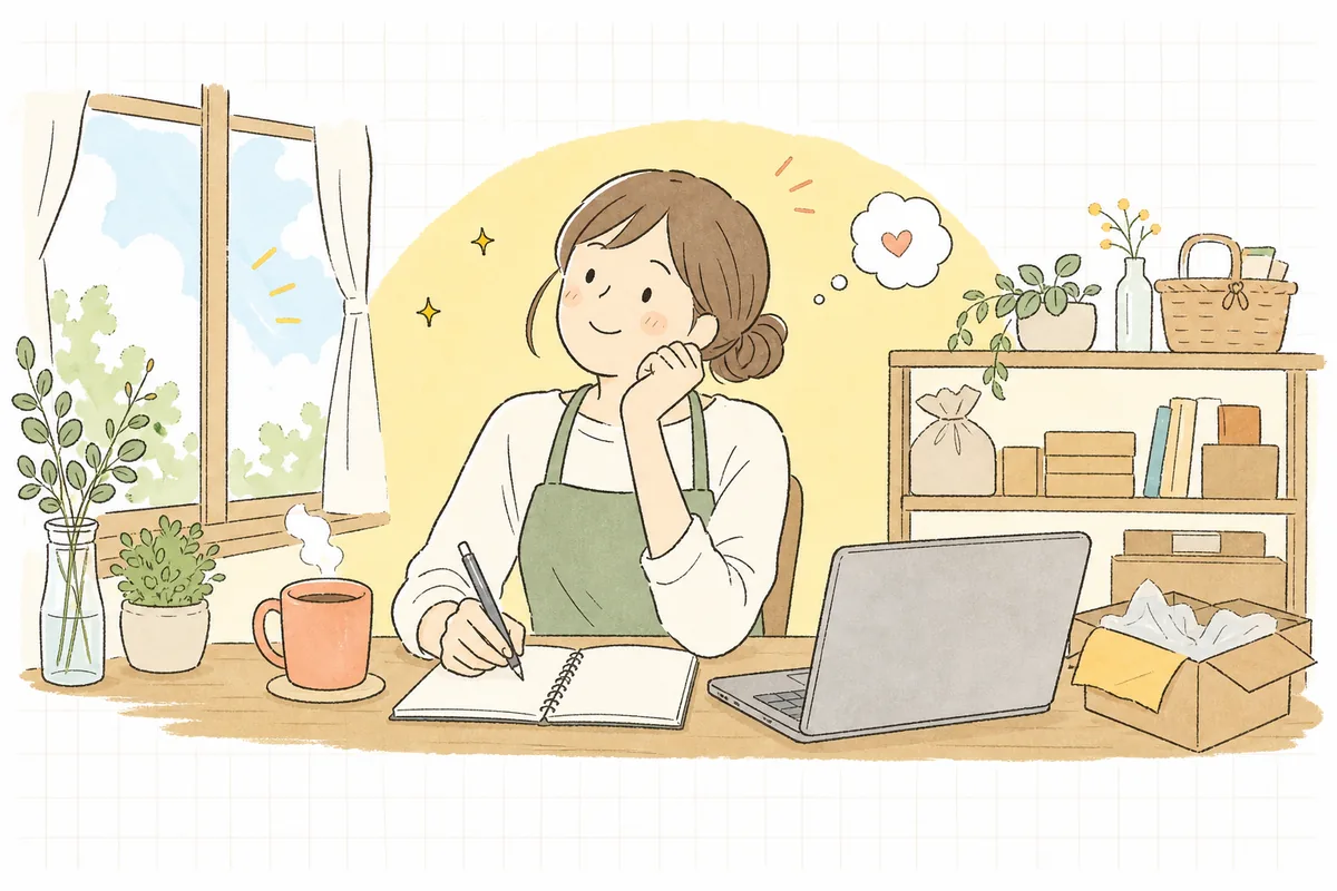 常連のお客さんの顔を思い浮かべながら、有料会員プランのアイデアをノートに書き出しているショップ担当者の情景