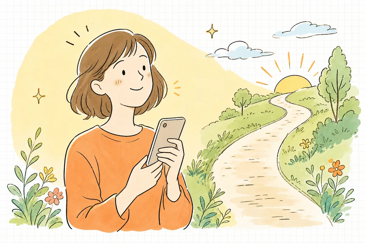 有料会員になったお客さんが、お気に入りのお店とのつながりを感じてうれしそうにスマホを見ている明るい情景