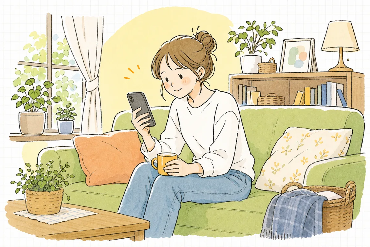 スマホの商品ページで「残りわずか」の表示を見て、買おうかどうか少し迷っているお客さんの様子
