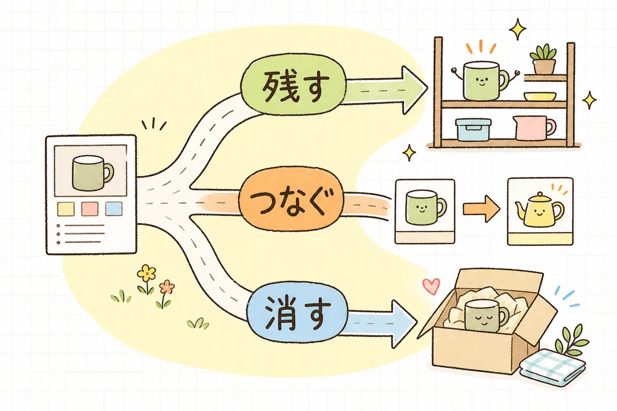 売れなくなった商品ページを、再入荷するなら残す・後継があればつなぐ・代わりがなければ消すの3方向に振り分ける判断の分かれ道を示した図